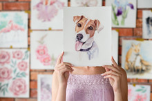 Art Of Drawing. Handmade Craft. Watercolor Paintings Of A Talented Painter. Beautiful Jack Russell Terrier Animal Design