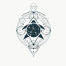 Mystical Geometry Symbol. Linear Alchemy, Occult, Philosophical Sign. Low Poly Turtle Icon. For Music Album Cover, Poster, Sacramental Design. Astrology And Religion Concept.