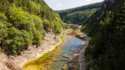 Wall Mural - aerial drone view of a shallow lake inside a small canyon surrounded by green forest and cliffs (tir