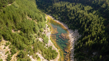 Wall Mural - aerial drone view of a shallow lake inside a small canyon surrounded by green forest and cliffs (tir