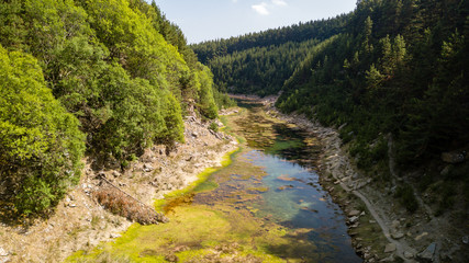 Wall Mural - aerial drone view of a beautiful shallow lake located in a narrow gorge surrounded by woodland and c