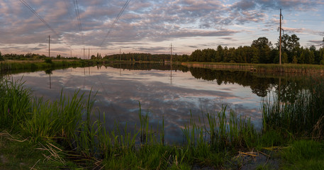 Wall Mural - landscape with lake and power line
