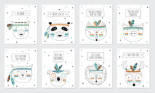 Vector Collection Of Postcards With Indian Tribal Animals Faces With Motivational Slogan