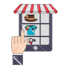 Sticker - smartphone hand click select food delivery online vector illustration