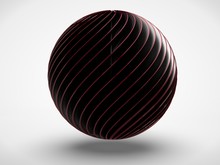 The Image Of A Black Ball Made Up Of Many Twisted Discs With Red Edges On A White Background. 3D Rendering
