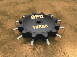 Wall Mural - The image of black CPU, the gear reducer with gold text cpu TURBO, platinum contacts, on metal, old sheet. 3D rendering