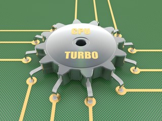 Wall Mural - The image of a black powerful CPU, the gear reducer with platinum text cpu TURBO, with the gold contacts on the green Board. 3D rendering