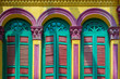 Colorful wooden window Colonial style architecture building in Little India, Singapore City