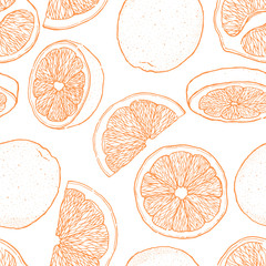 ink hand drawn seamless pattern of orange fruit. food element collection. vintage sketch. black outl