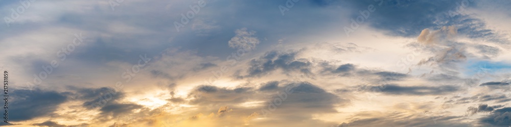 Vibrant panorama sunset sky on twilight time. Beautiful cirrus cloud. Panoramic image - obrazy, fototapety, plakaty 