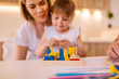 © Nebojsa - Portrait of mother and her daughter who are playing with toys. Blurred image.