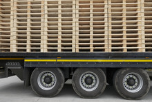 Stack Of Wooden Timber Pallets On Truck For Transportation 