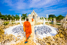 Monks Visiting White Temple Wat Rong Khun Temple In Chiang Rai, Thailand In Asia