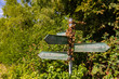 Multiple signs pointing towards public footpaths, countryside, Cotswolds, England