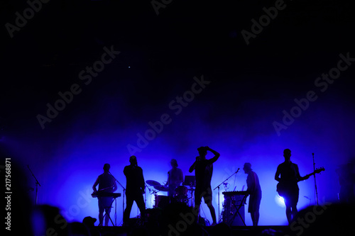 Cuadros en Lienzo music band playing on concert stage, silhouettes of musicians unrecognizable, gr