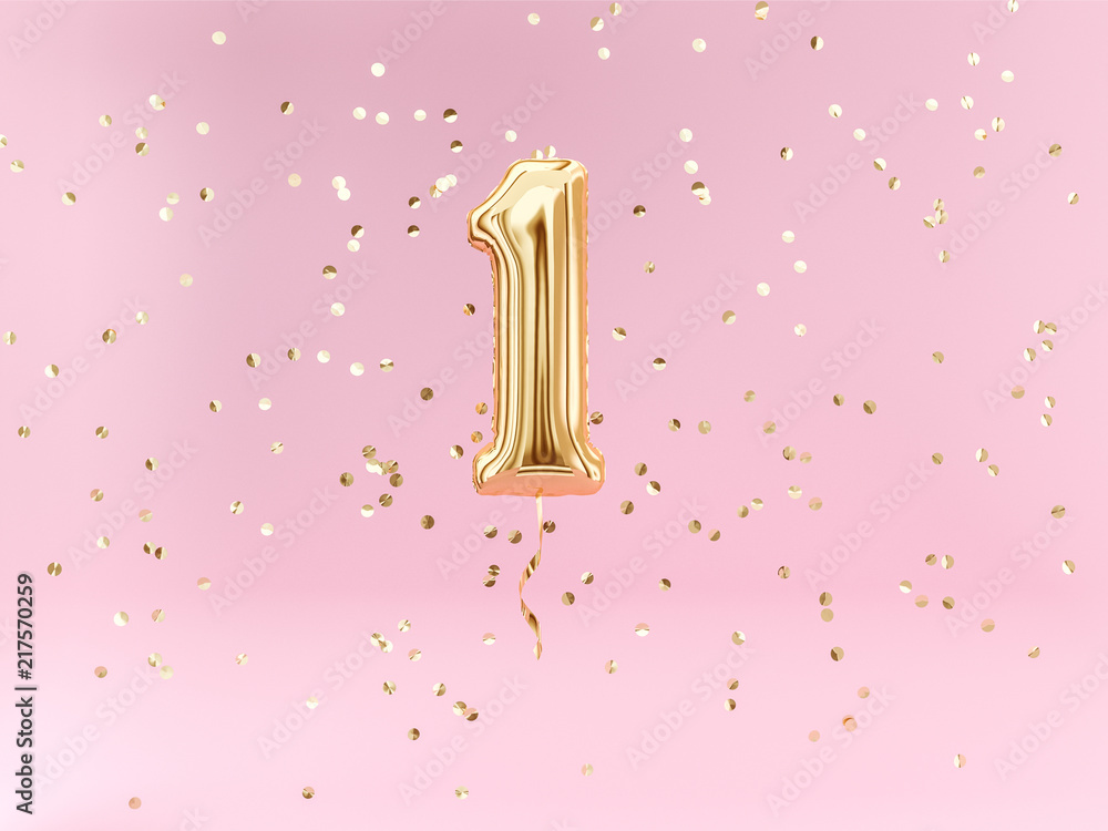 One year birthday. Number 1 flying foil balloon and confetti. One-year anniversary background. - obrazy, fototapety, plakaty 