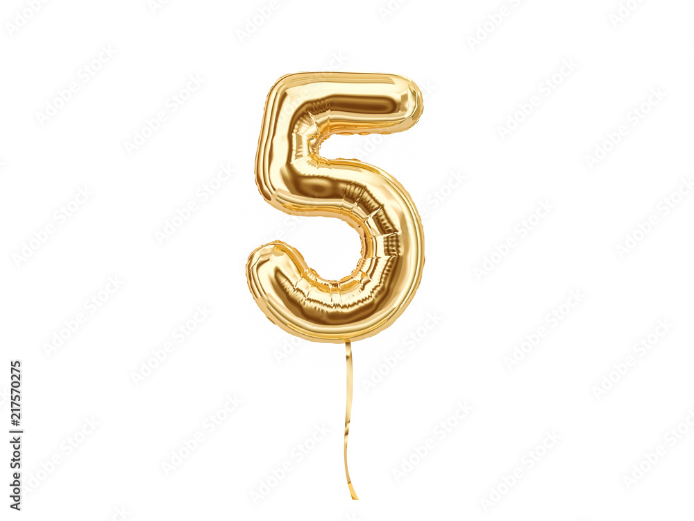 Numeral 5. Foil balloon number five isolated on white background - obrazy, fototapety, plakaty 