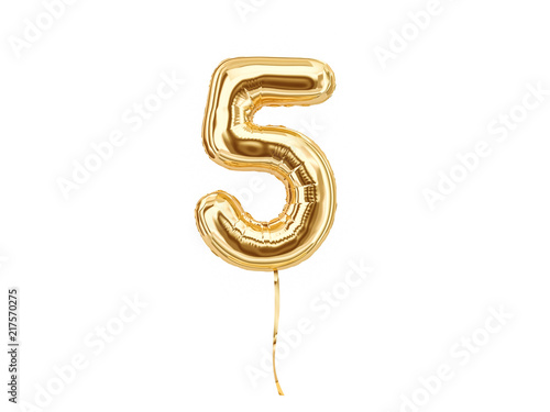 Photographie Numeral 5. Foil balloon number five isolated on white background