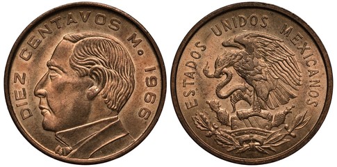 Wall Mural - Mexico Mexican coin 10 ten centavos 1966, bust of Benito Juarez left, eagle on cactus catching snake, 