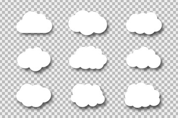 Vector set of realistic isolated paper clouds for decoration and covering on the transparent background.