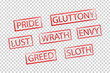 Vector realistic isolated red stamps of seven deadly sins for decoration and covering on the transparent background.