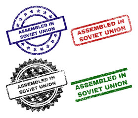 ASSEMBLED IN SOVIET UNION seal prints with corroded style. Black, green,red,blue vector rubber prints of ASSEMBLED IN SOVIET UNION tag with unclean style. Rubber seals with circle, rectangle,