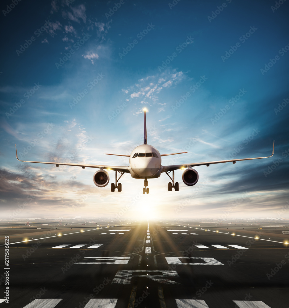 Commercial airplane taking off runway - obrazy, fototapety, plakaty 