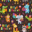 seamless pattern with funny animals Happy Birthday on black background - vector illustration, eps
