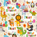 Fototapeta Dinusie - seamless pattern with funny animals Happy Birthday - vector illustration, eps
