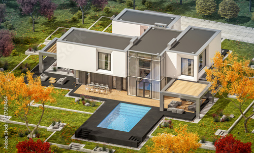 3d Rendering Of Modern Cozy House In The Garden With Garage For