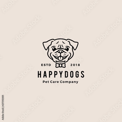 Fotomural smiling pug dog smile hipster retro vintage cartoon logo badges vector mascot ch