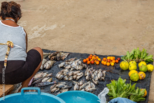 Fotografie, Obraz A Woman Prepares Her Fish and Fruits for Sale at the Morning Market, Village of