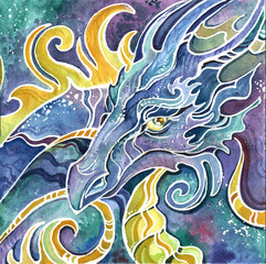  triptych Chinese dragon head set colorful drawn