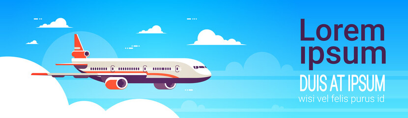 flying airplane express delivery shipping international transportation concept sky background flat horizontal banner copy space vector illustration