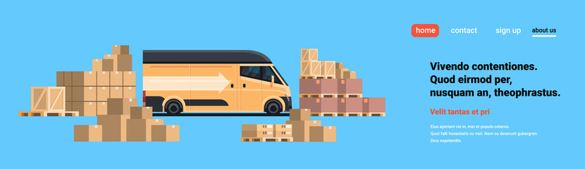 Canvas Print - warehouse cargo minivan loading parcel packages paper box blue background international delivery industrial concept flat horizontal copy space vector illustration