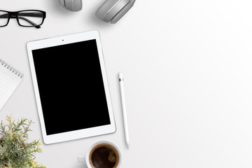 Aufkleber - Tablet mockup on white desk with free space on right side for text. Flat lay composition.
