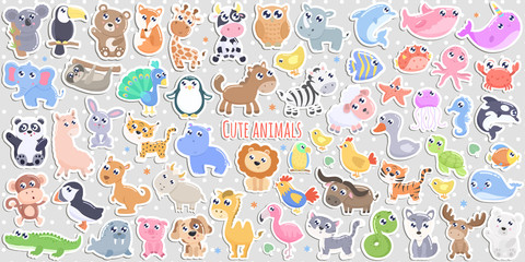  Cute cartoon animal stickers. flat design