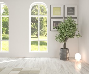 White empty room with summer landscape in window. Scandinavian interior design. 3D illustration