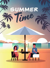 Wall Mural - couple summer vacation man woman drink wine umbrella on sunset beach tropical island vertical flat vector illustration