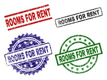 ROOMS FOR RENT Seal Prints With Corroded Style. Black, Green,red,blue Vector Rubber Prints Of ROOMS FOR RENT Title With Scratched Style. Rubber Seals With Circle, Rectangle, Rosette Shapes.