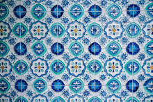 Colorful Vintage Blue Tiles With The Old Pattern. Set Of Square-tiled Wall Design With Ornamental Value. Seamless Blue Pattern Traditional Tile Design.