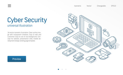 cyber security modern isometric line illustration. internet safety sketch drawn icon. abstract 3d ve