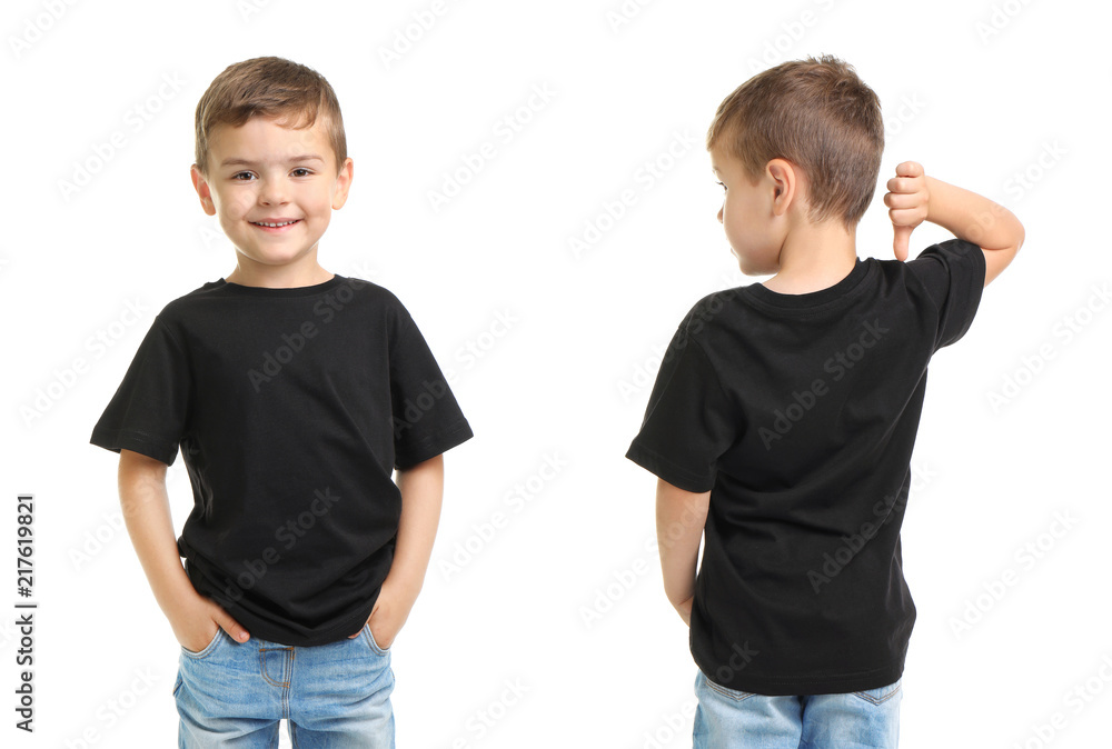 Front and back views of little boy in black t-shirt on white background. Mockup for design - obrazy, fototapety, plakaty 