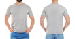 Front and back views of young man in grey t-shirt on white background. Mockup for design