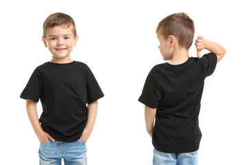 front and back views of little boy in black t-shirt on white background. mockup for design