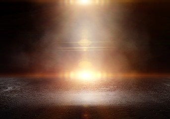 Leinwandbilder - Background of an empty dark room. Empty walls, lights, smoke, glow, rays
