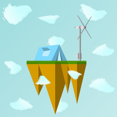 Wall Mural - vector illustration of a floating island in the air among the clouds with a tent and a wind power pl