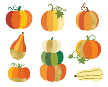 Fall Or Autumn Pumpkin With Gold Accent Vector Illustration. Thanksgiving And Halloween Decorative Pumpkin Graphic Set.
