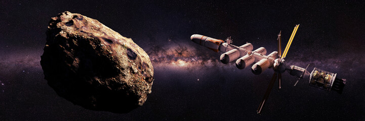 Wall Mural - spaceship approaching asteroid, dwarf planet mission, deep space exploration