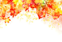 Illustration Of Fall Image. Autumn Leaves Background With Yellow And Red Leaves. Digital Watercolor Painting.